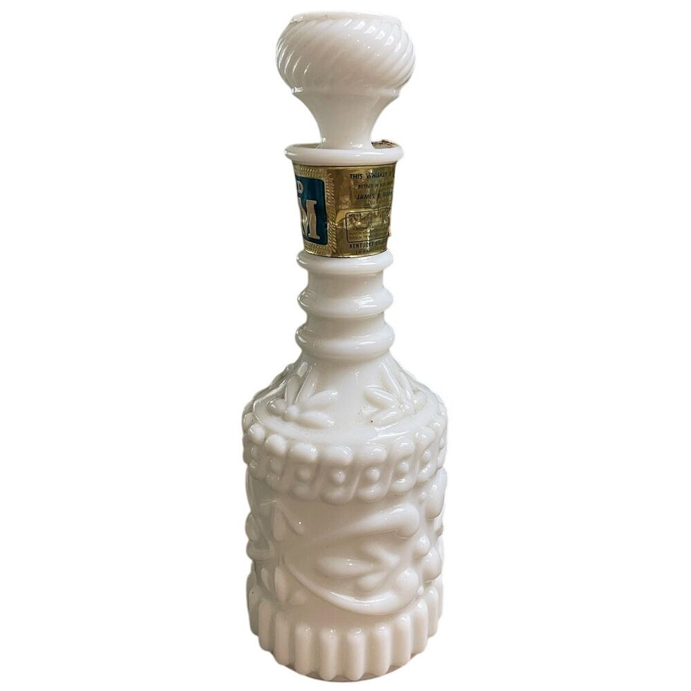 Bonded Beam Bourbon Decanter | 1960s Milk Glass | 8 Yr | Bar Decor Empty Vintage